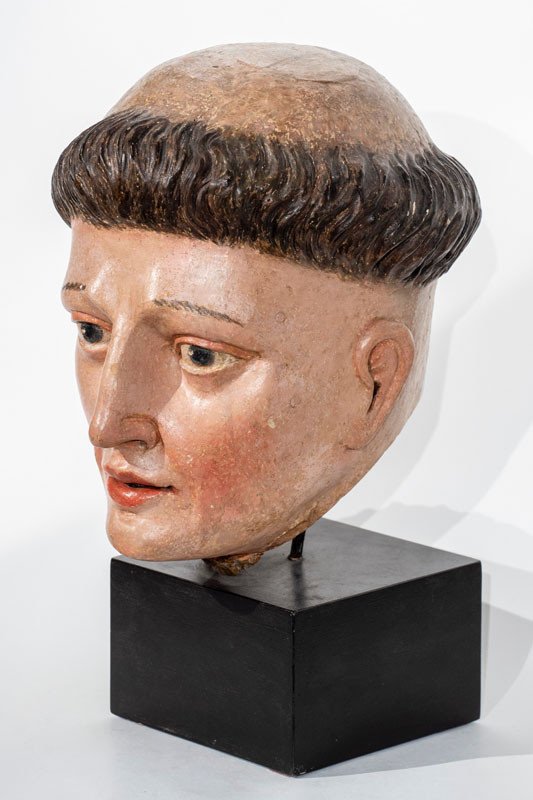 Spain 17th Century - Head Of A Young Benedictine Monk : Polychrome Wood Carving Christian Art