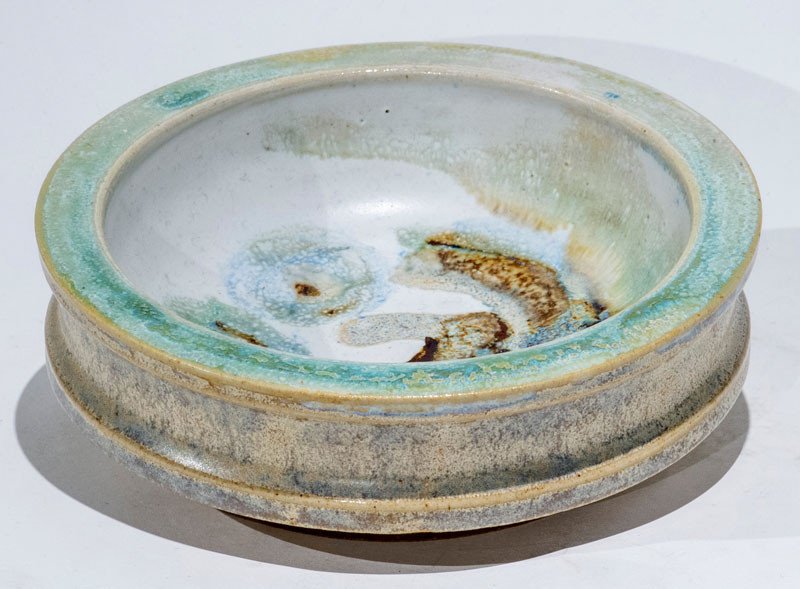 Contemporary Polychrome Ceramic Bowl With White Blue Green Celadon Beige And Brown Details