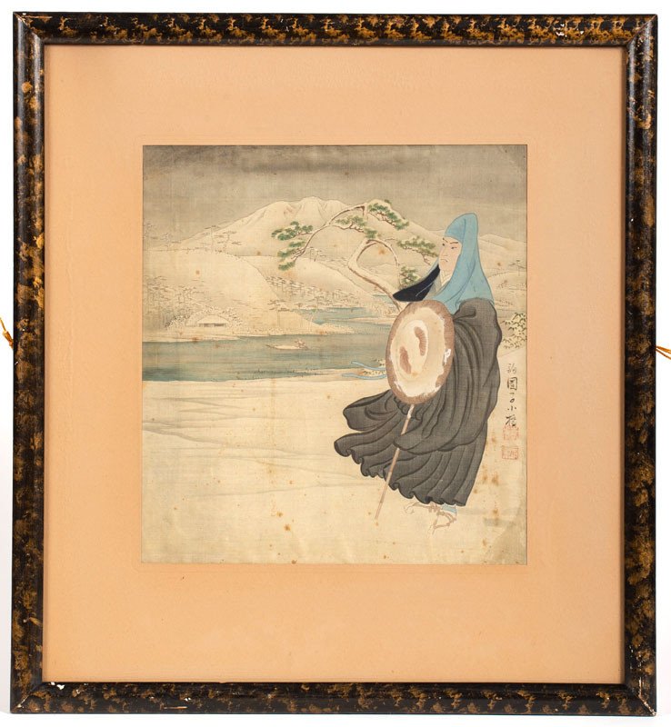 Japon 19e Siècle – Peinture Sur Tissu : Voyageur Paysage De Montagnes Et Rivière Dans La Neige-photo-2