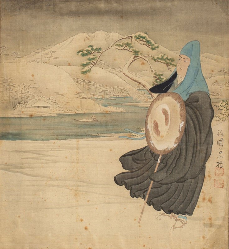 Japon 19e Siècle – Peinture Sur Tissu : Voyageur Paysage De Montagnes Et Rivière Dans La Neige