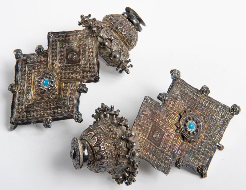 19ème Siècle - Art katawaz - Paire De Boucles d'Oreilles En Argent Et Turquoise