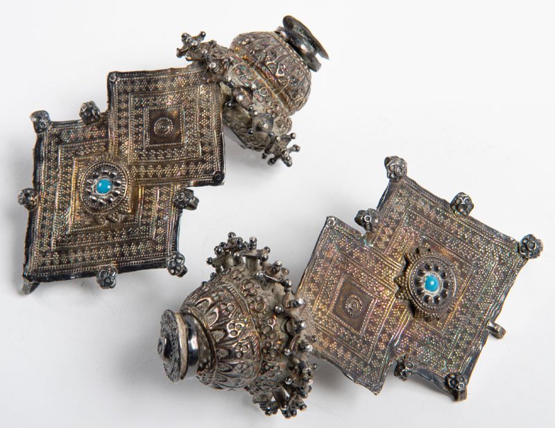 19th Century - Katawaz Art - Pair Of Earrings In Silver And Turquoise