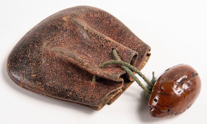 Japan - Leather Tobacco Pouch And Wooden Mouse Shaped Netsuke