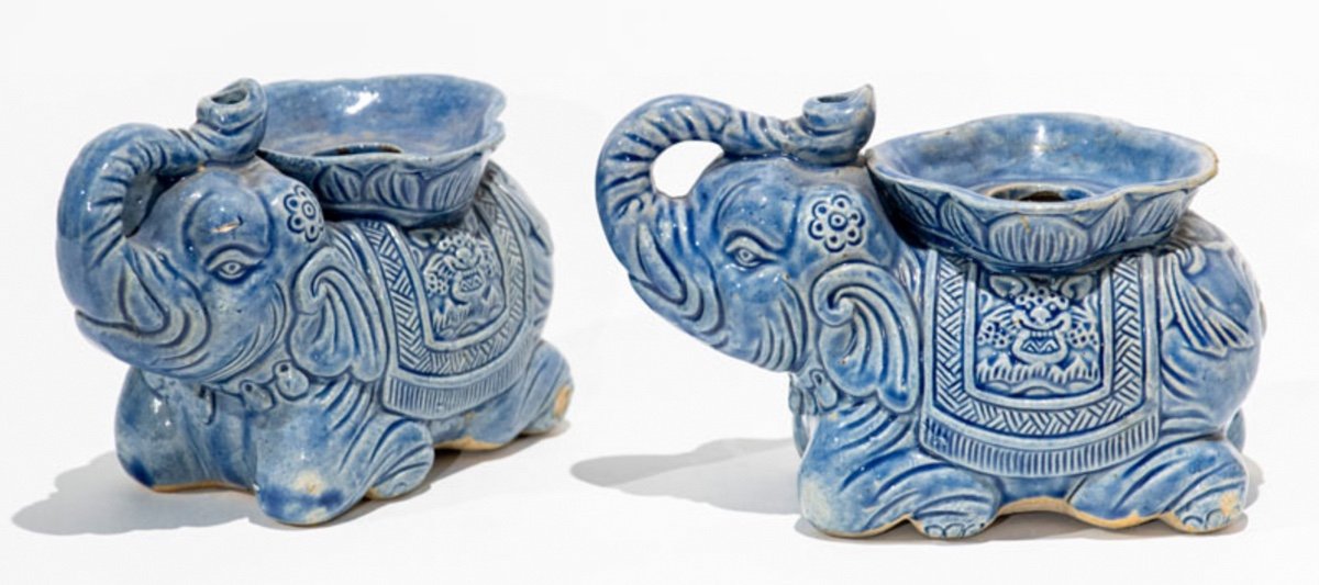 Pair Of Chinese Style Candelholders Or Incense Burners - Ceramic Elephant