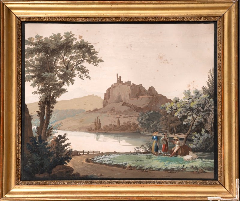 France 18th Century - Gouache: Peasant Women And Shepherd In An Italianizing Lakeside Landscape