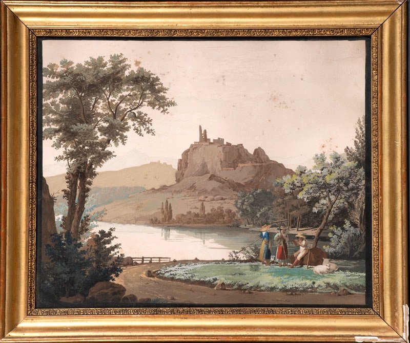 France 18ème Siècle - Gouache : Paysannes Et Pâtre Dans Un Paysage Lacustre Italianisant