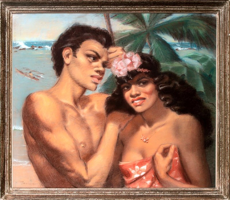 Yves Villeneuve, 1940 - Pastel Representing A Couple By The Sea In Tahiti