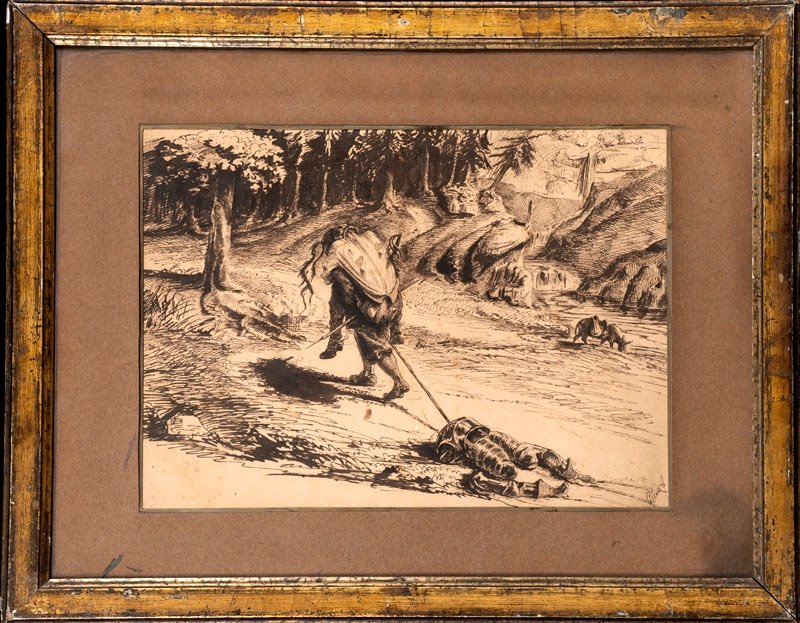 19th Century French School - Don Quixote Carried By Sancho Panza - Ink Landscape