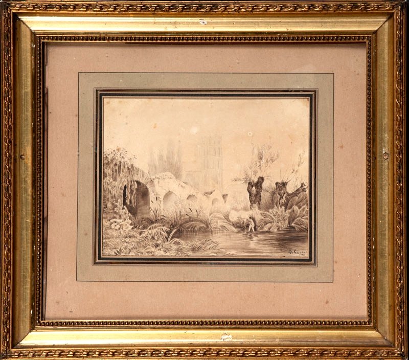 Ink Drawing Signed Delaroche And Dated 1829 - Hunter In A River Landscape