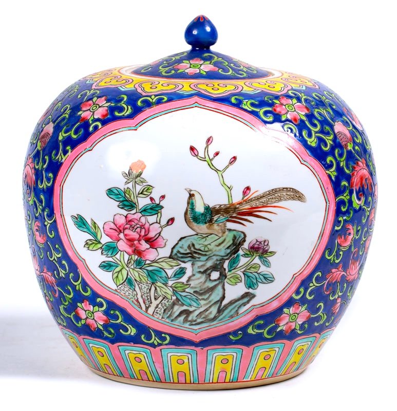 China 20th Century - Covered Ginger Jar Decorated With Branched Birds And Flowers-photo-2