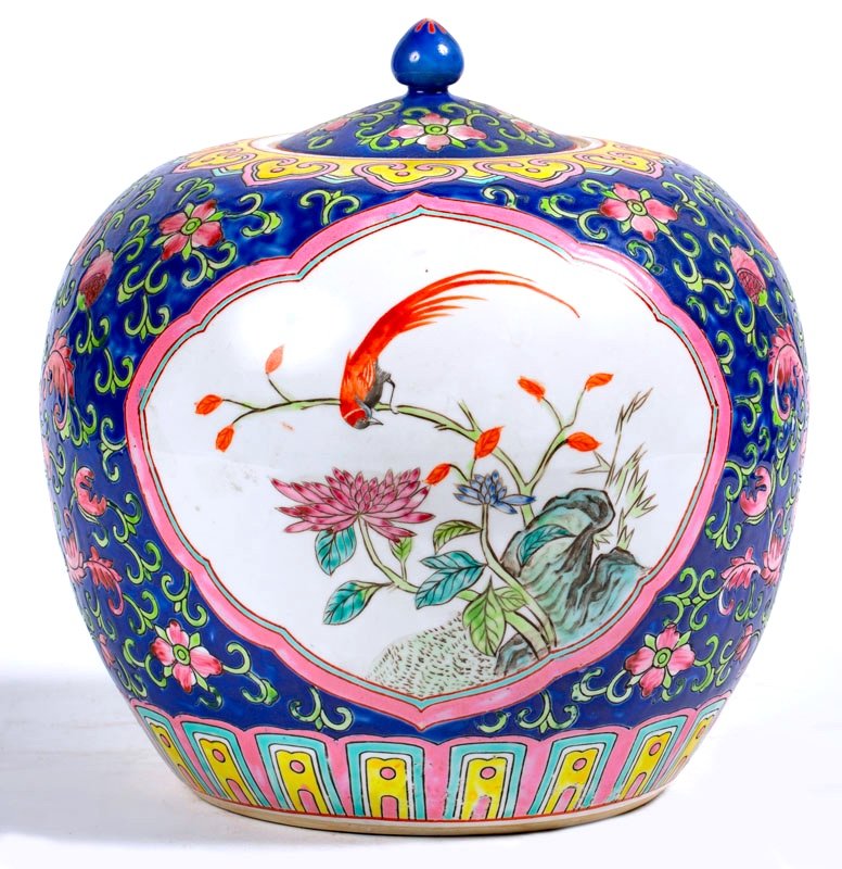 China 20th Century - Covered Ginger Jar Decorated With Branched Birds And Flowers