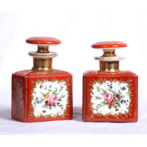 France, Late 19th Century - Pair Of Polychrome And Gold Porcelain Bottles With Flowers Decor