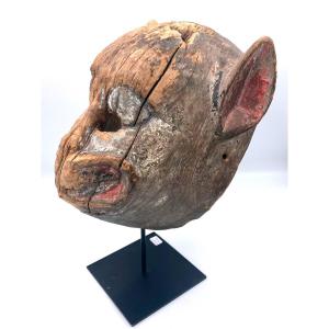 Nepal, 19th Century - Wooden Animal Mask With Traces Of White, Black And Pink Polychromy