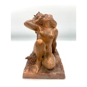 A Barberis éditeur - Bacchante And Small Faun - Patinated Terracotta - Late 19th Century