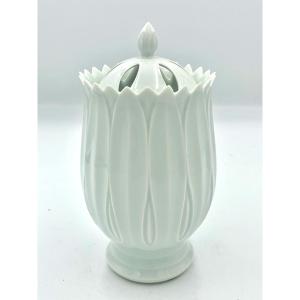 Perfume Burner Vase In The Shape Of A Closed Lotus Flower - Celadon Blue Ceramic - Japan 20th Century