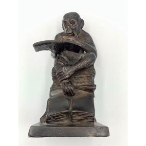  Reading Monkey - Bronze With Dark Brown Patina - 19th Century School