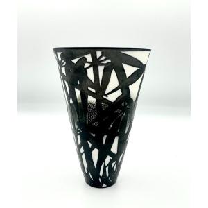 Anima Roos (born In 1956) - Flared Porcelain Vase With Black Enameled Carp Decor  
