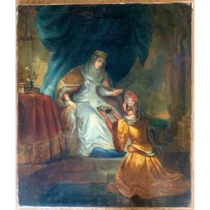 Eugène Dévéria (d'après) -  Rébecca Offrant Ses Bijoux à Lady Rowena - Huile Sur Toile - 19e S.
