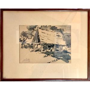  Thatched Cottage In Normandy - Ink Wash - French School From The Early 20th Century (c. 1920) 