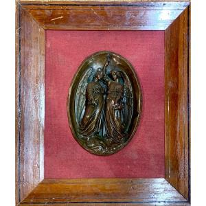 M. Lacour (french School From The End Of The 19th Century) - Two Angels - Bronze Bas-relief