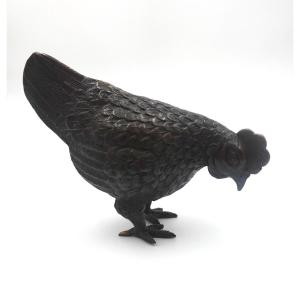 Japon, époque Meiji (1868–1912) - Poule en bronze patiné