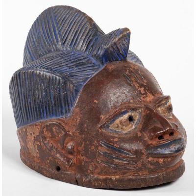 Yoruba Culture Nigeria -  Wooden Mask With White And Blue Pigments