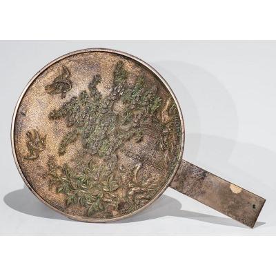 Japan Meiji Era - Large Handheld Kagami Mirror : Turtle Cranes And Tree Landscape 