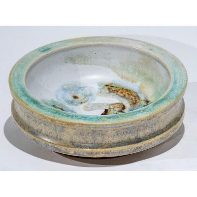 Contemporary Polychrome Ceramic Bowl With White Blue Green Celadon Beige And Brown Details