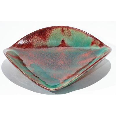 Contemporary Triangular Dish Or Tray In Green And Oxblood Red Flambee Ceramic