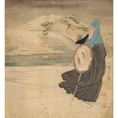 Japon 19e Siècle – Peinture Sur Tissu : Voyageur Paysage De Montagnes Et Rivière Dans La Neige