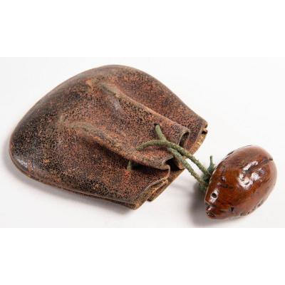 Japan - Leather Tobacco Pouch And Wooden Mouse Shaped Netsuke