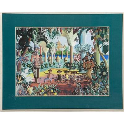 Pierre Guillaud 1967 – Famille Dans Un Paysage Fantastique – Art Naïf
