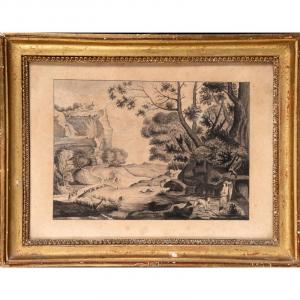 19th Century Nazarene School - Tobias And The Angel In A Landscape - Ink Drawing