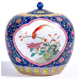 China 20th Century - Covered Ginger Jar Decorated With Branched Birds And Flowers