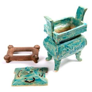 Chine Dynastie Ming - Brûle-parfum De Forme Ding  En Céramique émaillé Turquoise