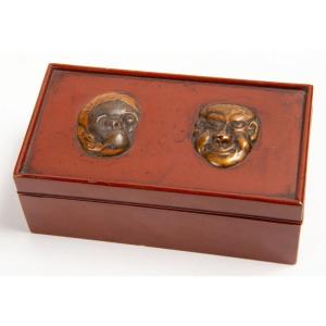 Japan, 19th-20th Century - Small Box Decorated With Masks.
