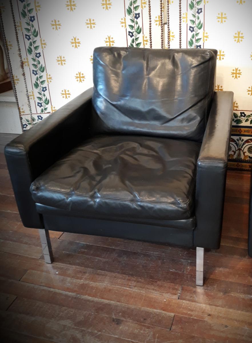 Paire De Fauteuils Scandinaves 1960 Cuir Noir-photo-4