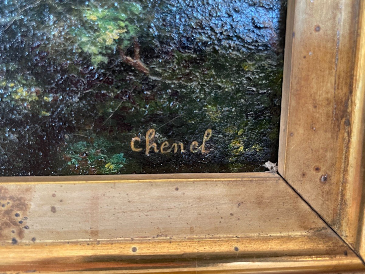 Tableau De Chasse Huile sur Toile Dans Les Alpilles Signé Chenel XIXème-photo-4