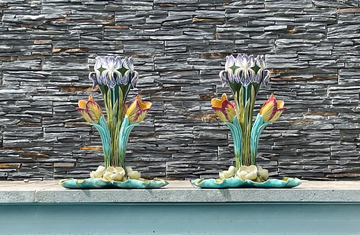 Pair Of Tulipieres In Barbotine 1900-photo-2