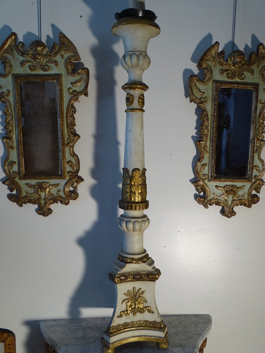 Large Candlestick In Painted And Gilded Wood Italy Early XIX-photo-2