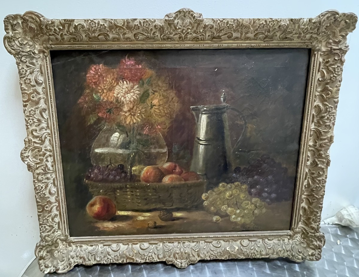 Nature Morte  Avec Raisins Et Bouquet De Dahlias époque XIX éme