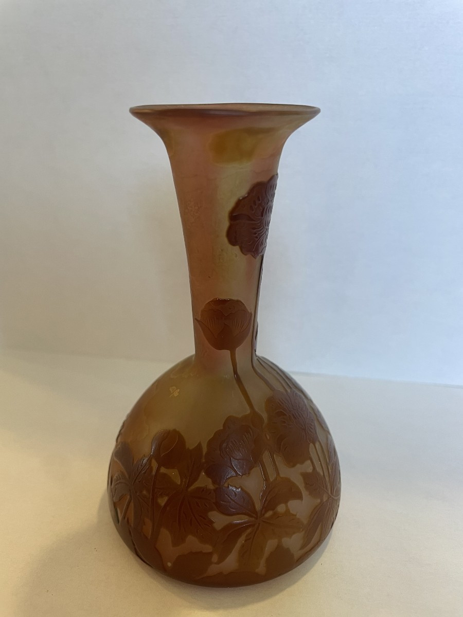 Miniature Gallé Vase In Multi-layered Glass With Acid-erased Floral Decor, Signed  -photo-2