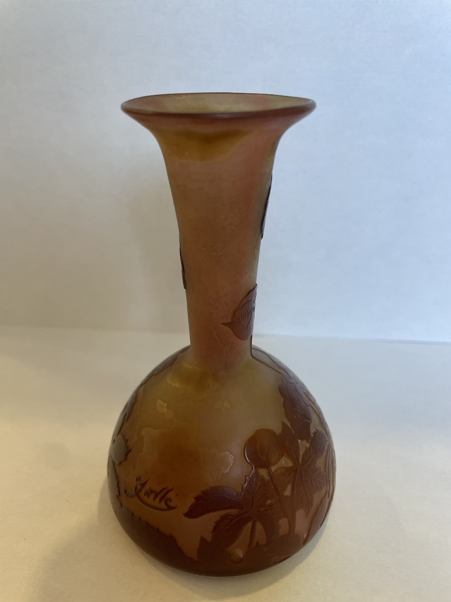 Miniature Gallé Vase In Multi-layered Glass With Acid-erased Floral Decor, Signed  