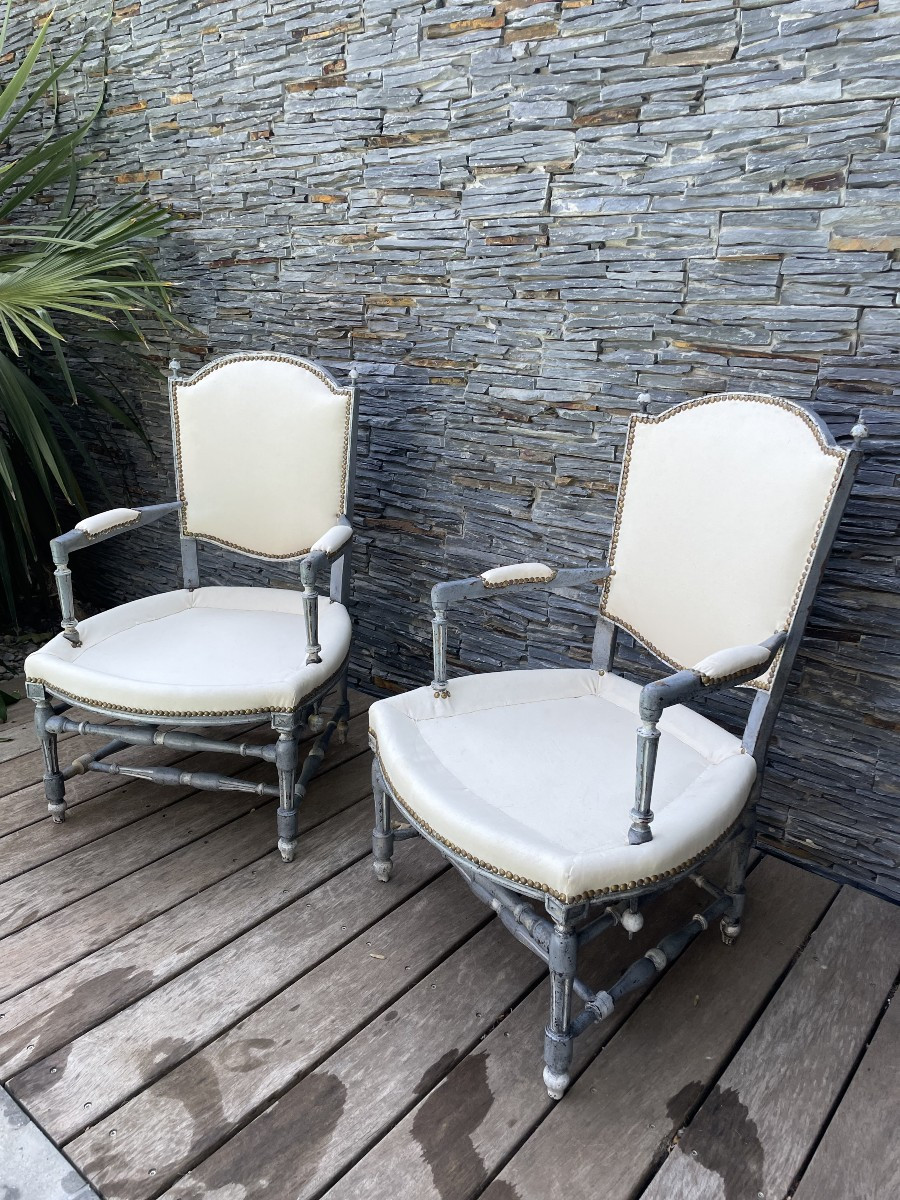 Pair Of Provençal Armchairs In Painted Wood, Early 19th Century -photo-4