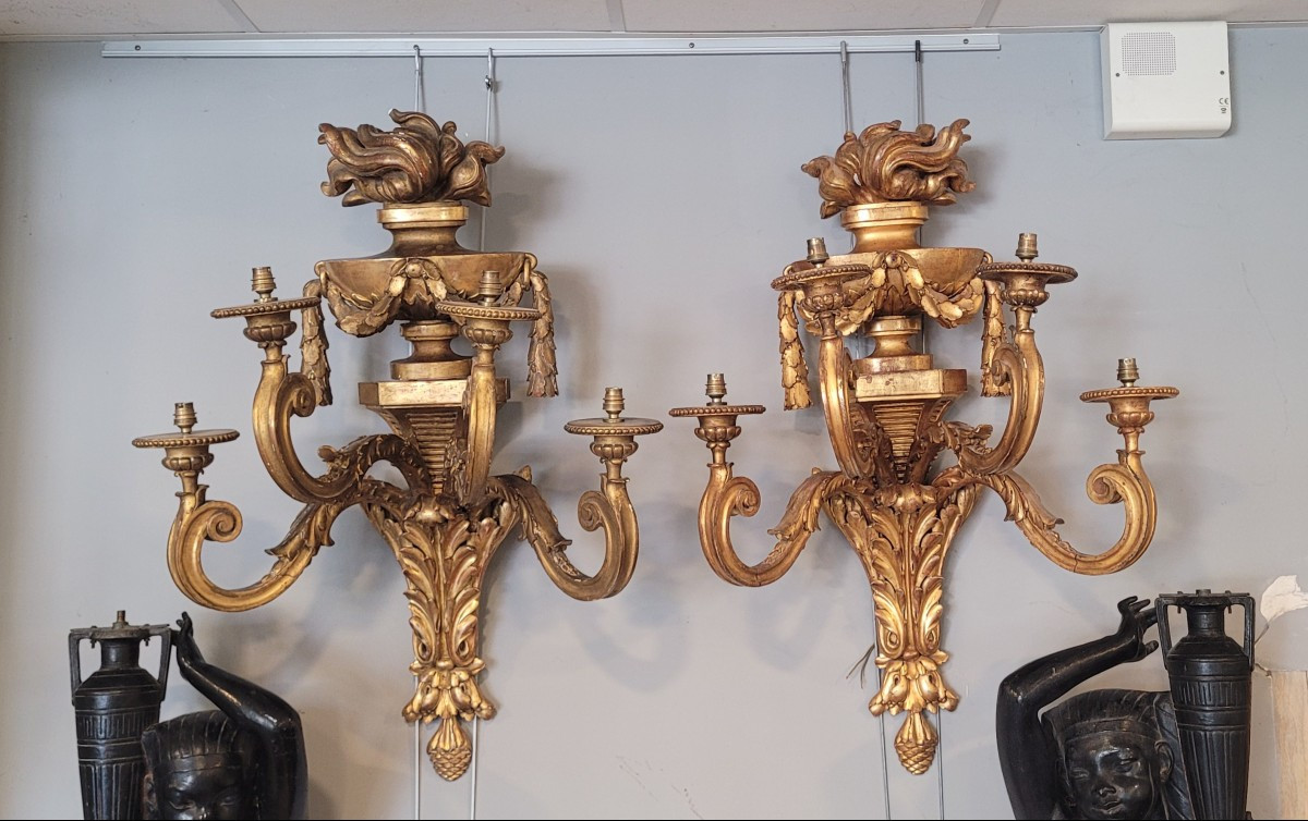 Paire de Grandes Appliques en Bois Doré  de style Louis XIV époque fin XIX-photo-2