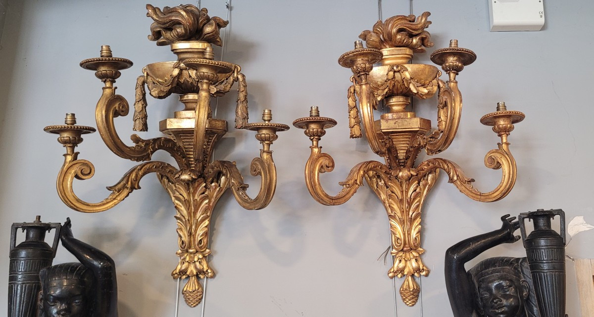 Paire de Grandes Appliques en Bois Doré  de style Louis XIV époque fin XIX-photo-3