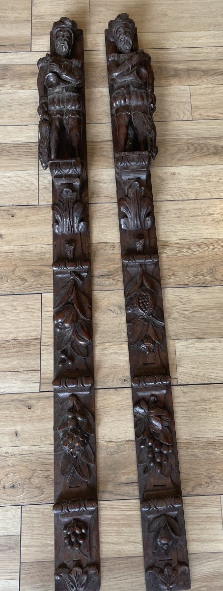 Pair Of 17th Century Oak Pilasters With Hunting Decor