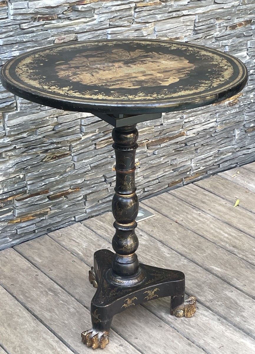 English Lacquered Pedestal Table With Chinese Decoration, 19th Century-photo-2