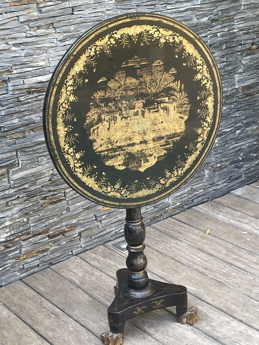 English Lacquered Pedestal Table With Chinese Decoration, 19th Century-photo-1