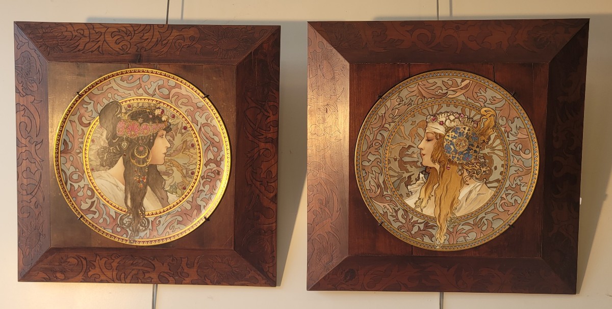 Paire de Plats en Céramique d'après Mucha  signés Gosselin-Journaud époque 1900-photo-2